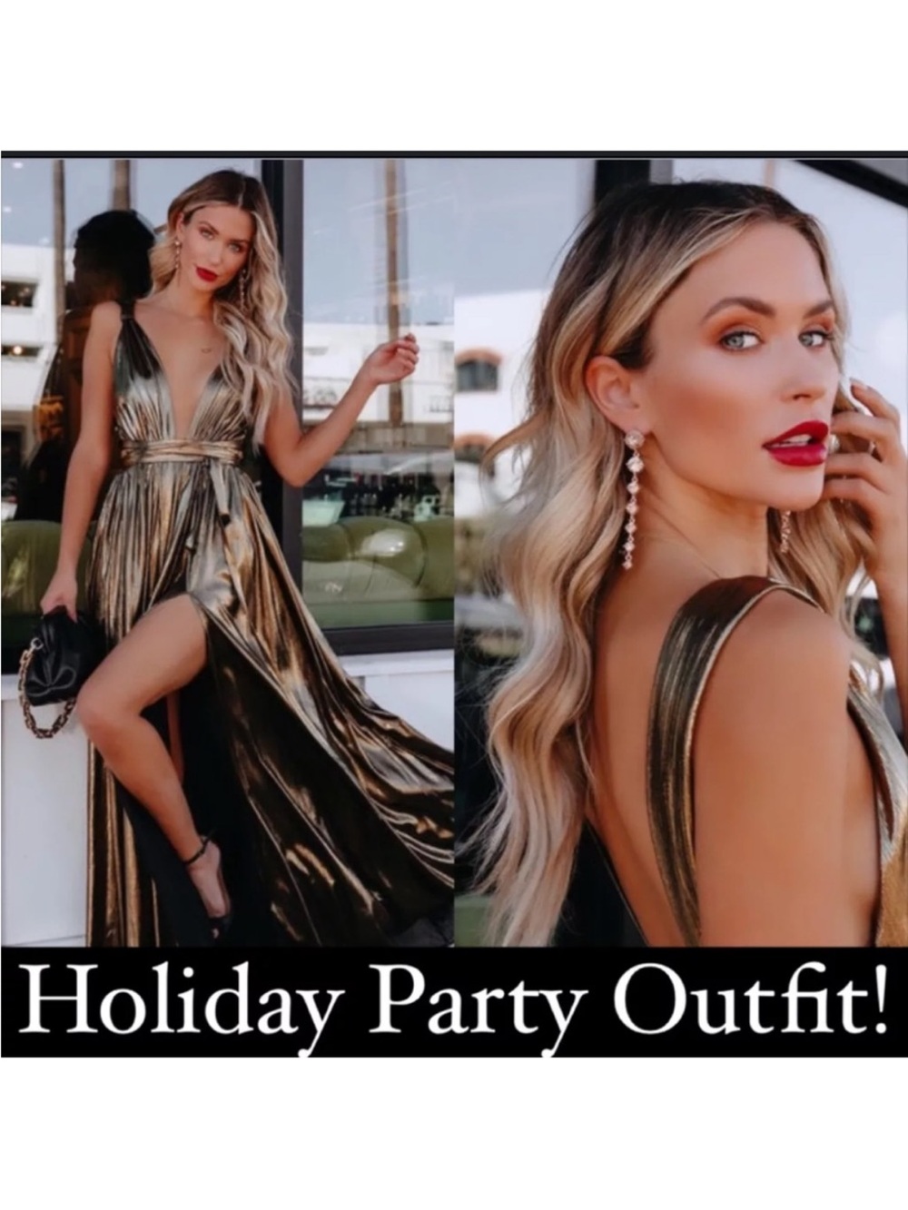 Vici Luxxel Metallic Gold Plunging Maxi Dress